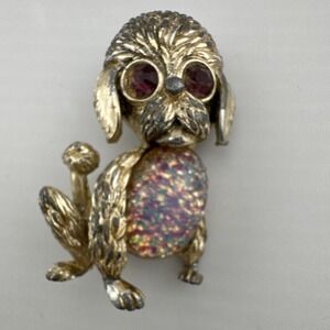 Vintage Jelly Belly Gold Tone Dog Shaped Brooch with Multicolor Glass Stones